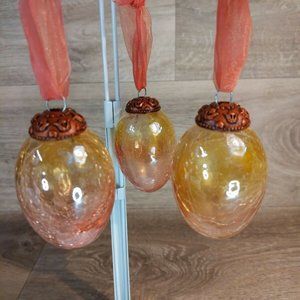 3 Vintage Kugel Orange Crackle Egg Shaped Glass Holiday Ornements